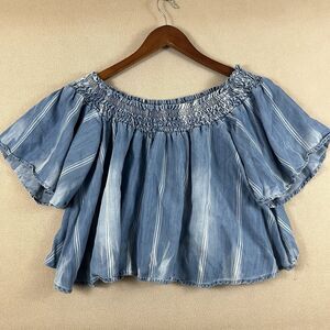 Vintage Havana Ruffled Chambray Blouse Size Small Beachy Cropped Resort Vacation